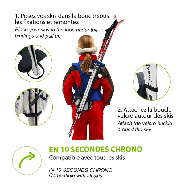 Enfant avec Skiback Blue porte les skis et les bâtons comme un sac à dos. Instructions pour la fixation des skis.