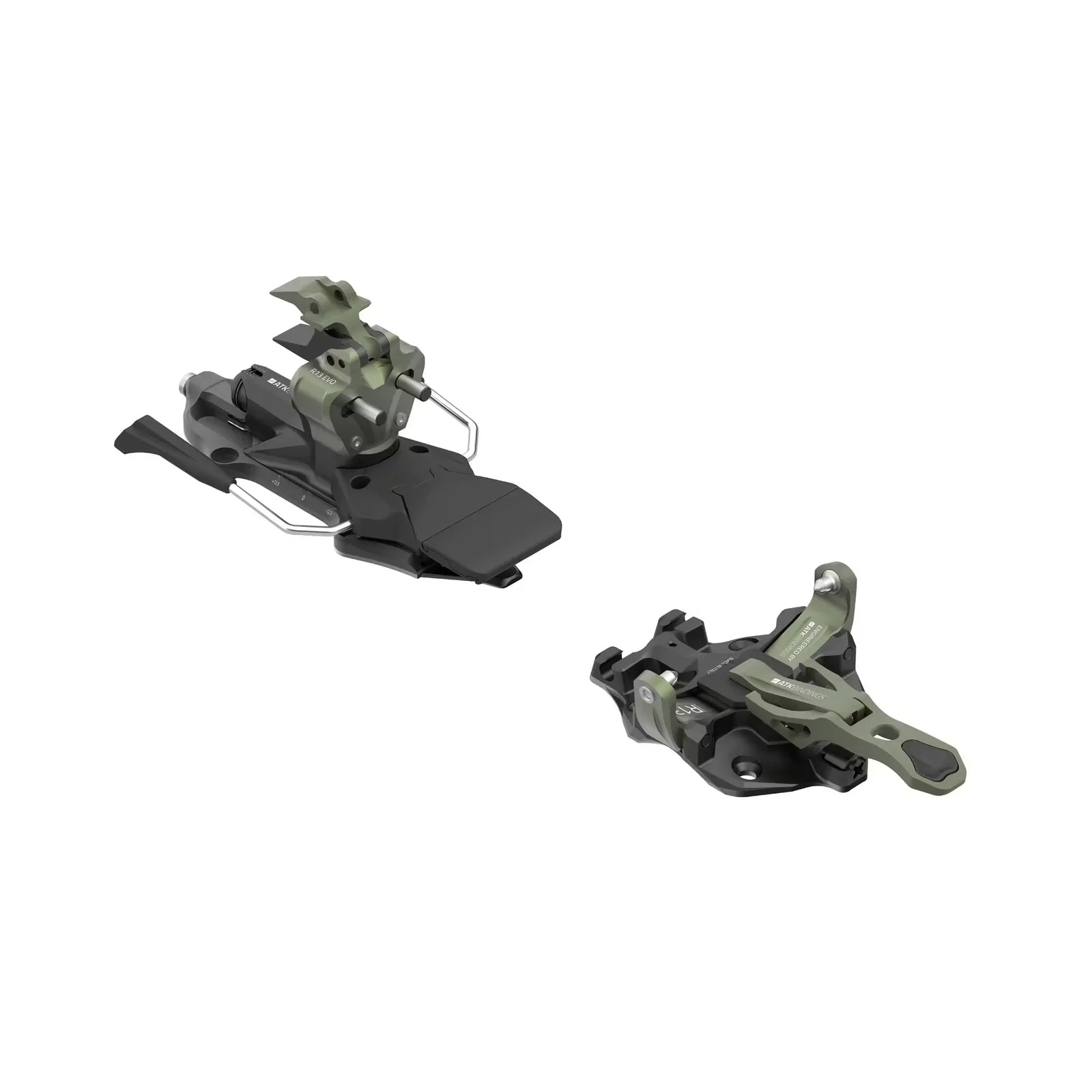 ATK Freerider 13 EVO touring binding, front and rear part, laterally offset to each other, ski brake visible.