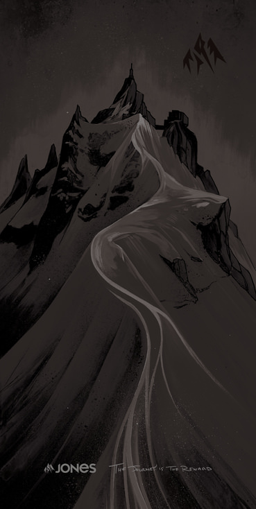 Illustration en noir et blanc : paysage de montagne avec un sentier sinueux menant au sommet de la montagne. Jones Logo en bas à gauche.