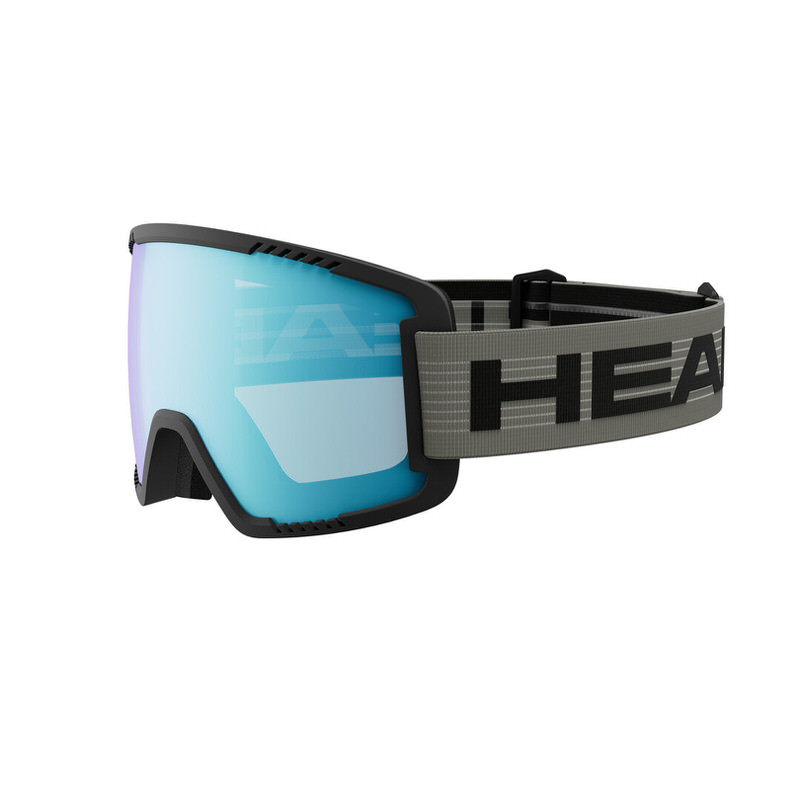 Occhiali da sci Head Contex Photo L con lenti blu specchiate e fascia grigia con logo Head nero.