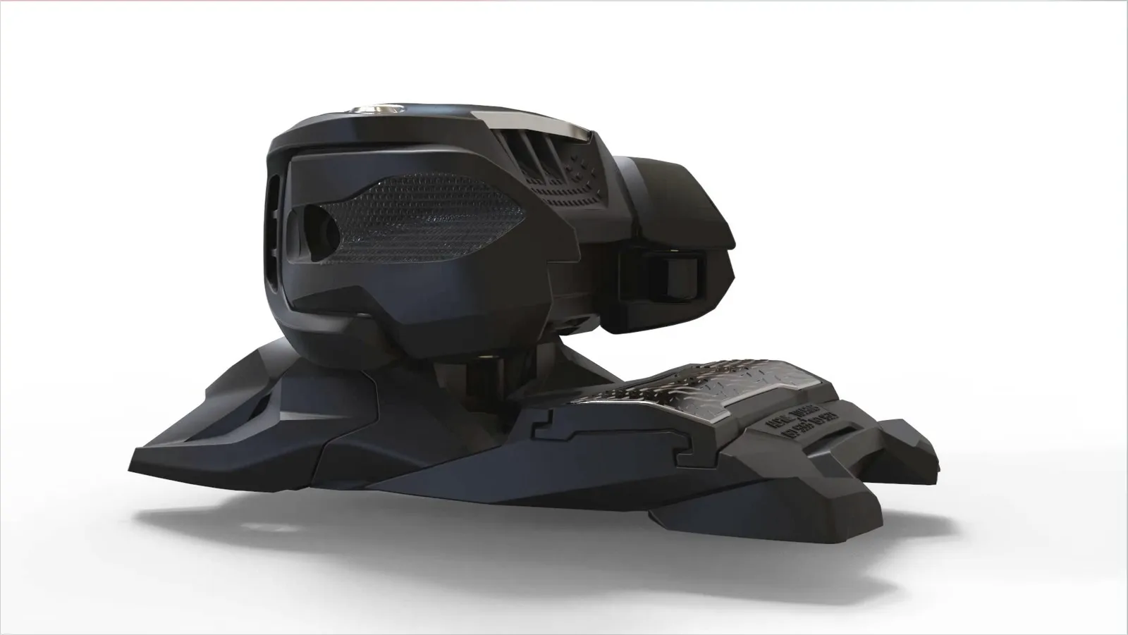 Schwarze Skibindung, Modell Griffon 13 ID, seitliche Ansicht, Detailaufnahme der technischen Details.