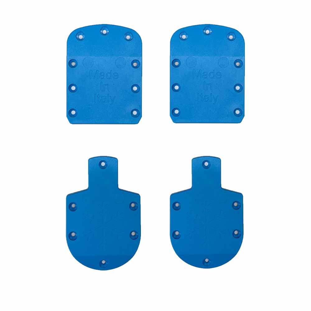 Blaues 5mm Skischuh Lifter Kit: Zwei verschieden geformte Sohlen mit Löchern für die Montage.
