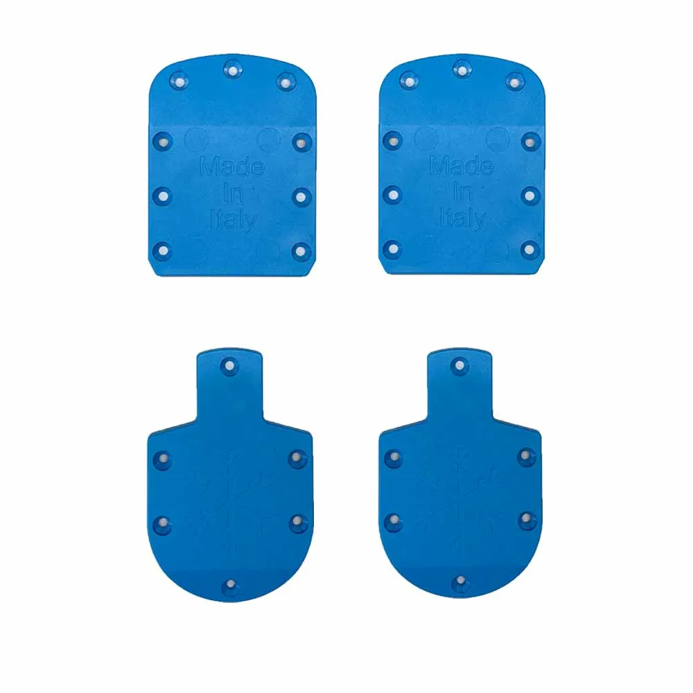 Kit bleu de levage pour chaussures de ski 5mm : deux semelles de formes différentes avec des trous pour le montage.