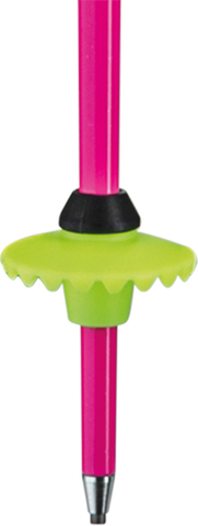 Nahaufnahme eines Skistocks von Leki WCR TBS SL 3D Pink, der Teller ist grün und der Stock pink.