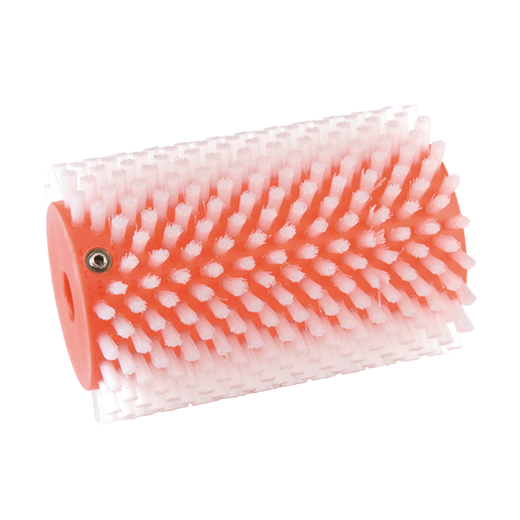 Nylon Rotorbürste mit weißem Borstenfeld und oranger Halterung mit Dornaufnahme.
