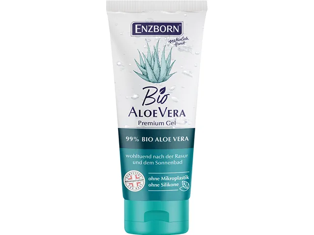 Tubo di gel di aloe vera biologico, bianco con tappo turchese.