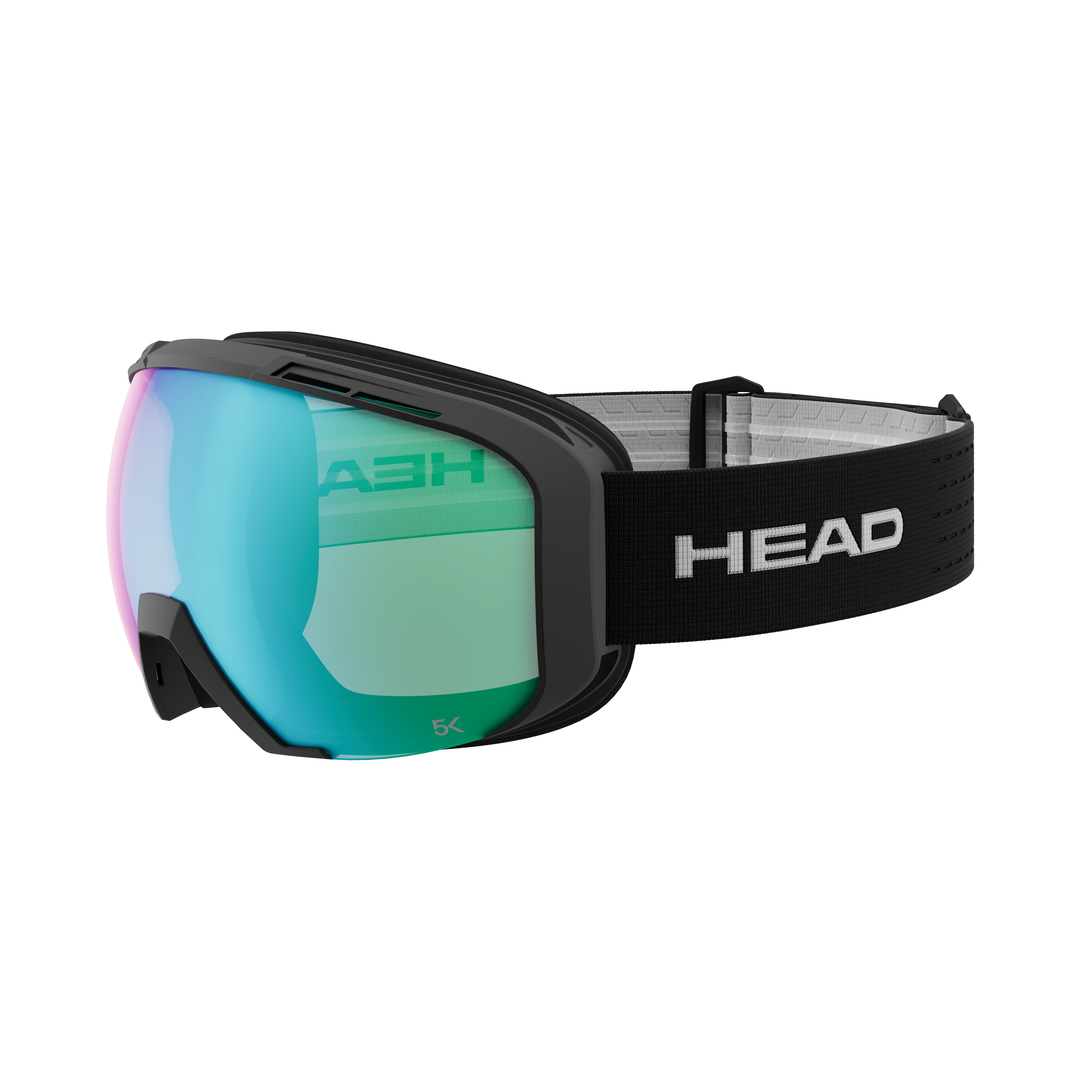 Skibrille Head OTG 5K PHOTO in Schwarz mit farbiger photochromatischer Scheibe und schwarzem Kopfband von der Seite.