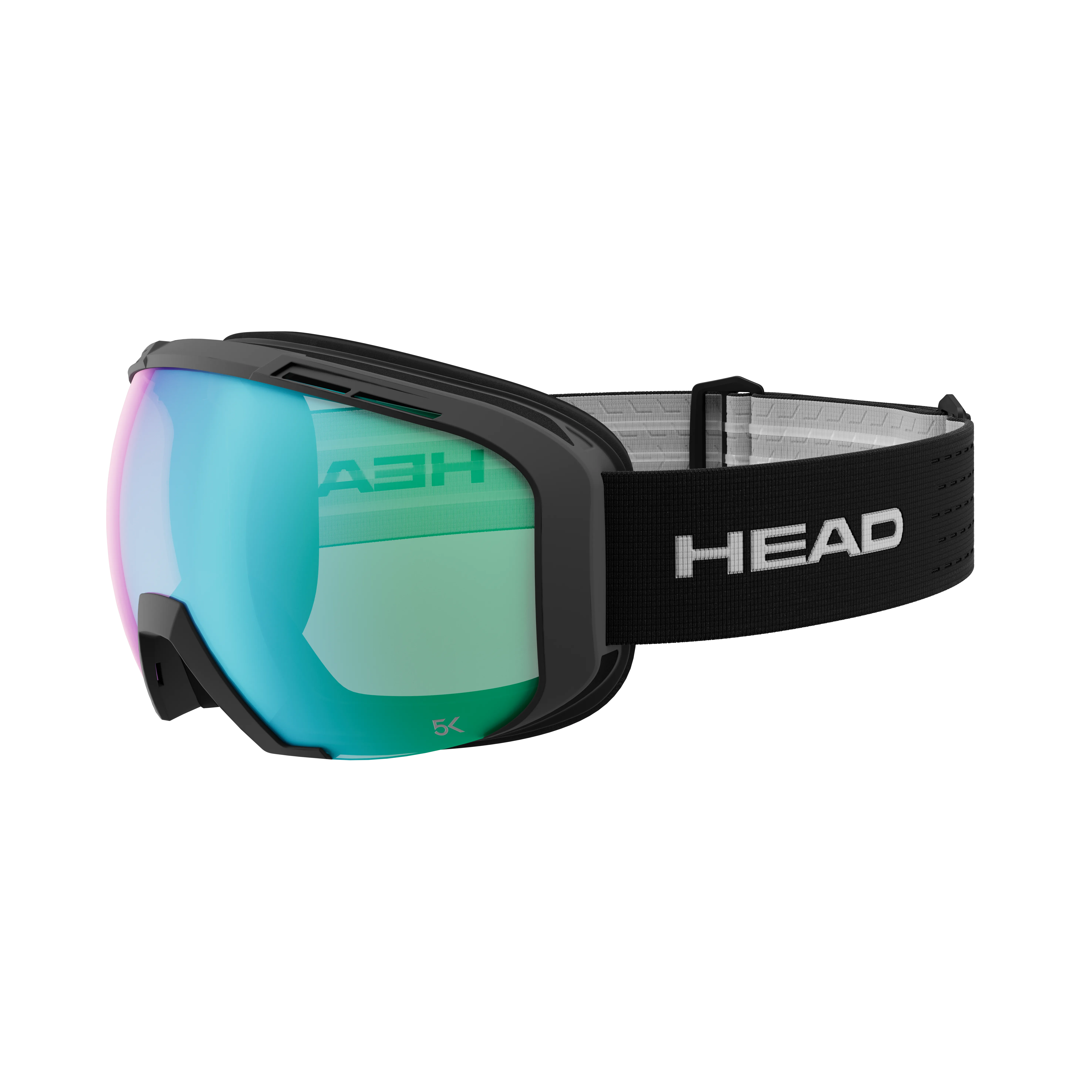 Skibrille Head OTG 5K PHOTO in Schwarz mit farbiger photochromatischer Scheibe und schwarzem Kopfband von der Seite.