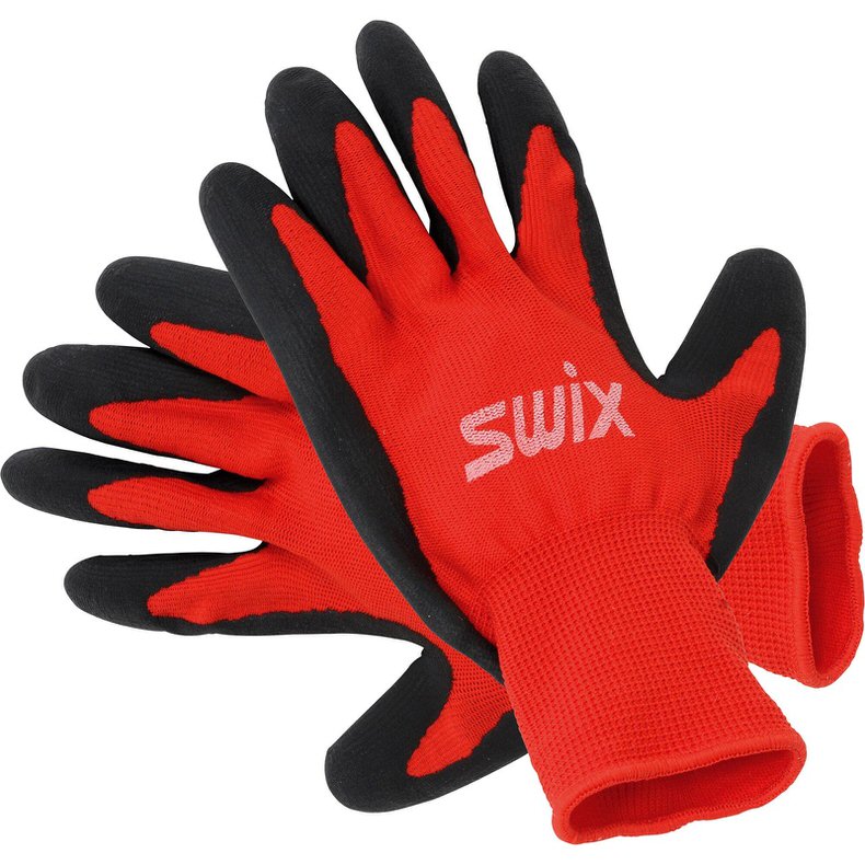 Rote SWIX Tuning Handschuhe mit schwarzer Gummierung an Fingern und Handflächen.