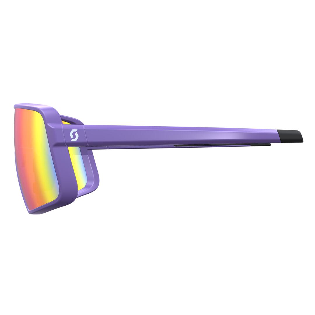 SCOTT Torica Sonnenbrille, lila Rahmen, bunte torische Scheibe im Chrome-Look, seitliche Ansicht.