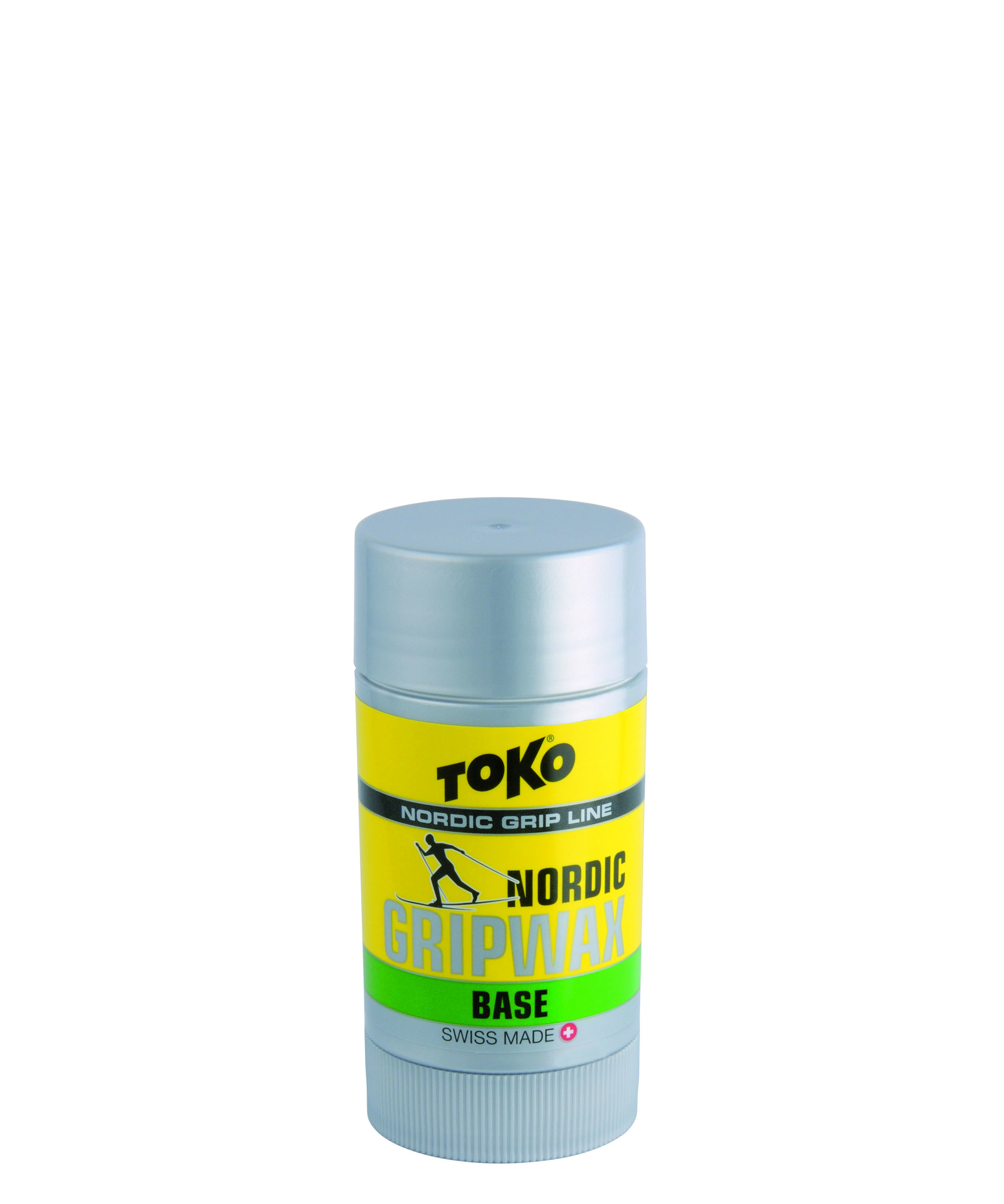 Toko Nordic Base Wax Green in silberner Deostift-Verpackung mit gelb-grüner Banderole. Aufdruck: Nordic Gripwax Base.