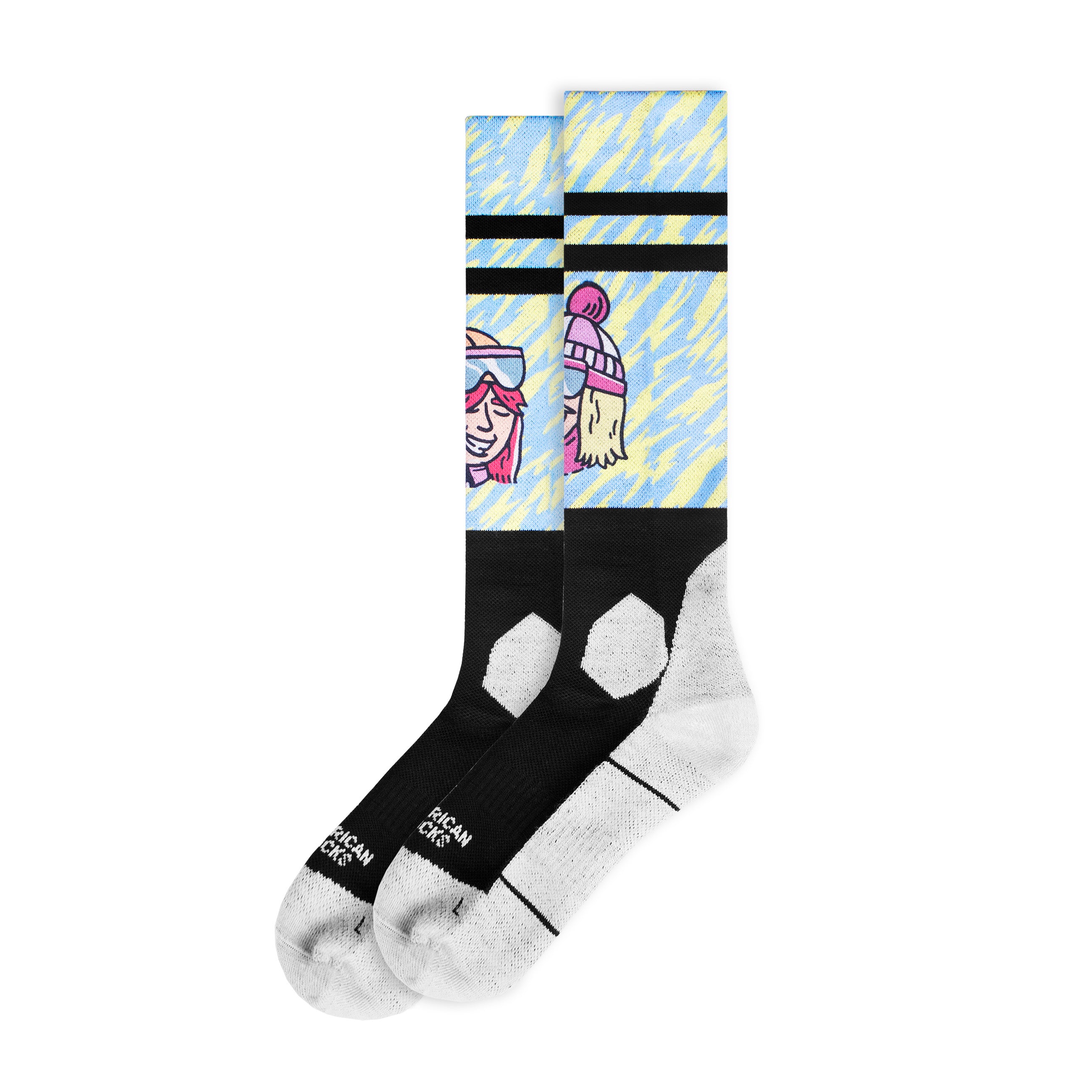 Ski-Socken Blau-Gelb Paar Snow Socks mit blau-gelbem Muster, Ski-Motiven, schwarzen Streifen und schwarzem Fußteil.