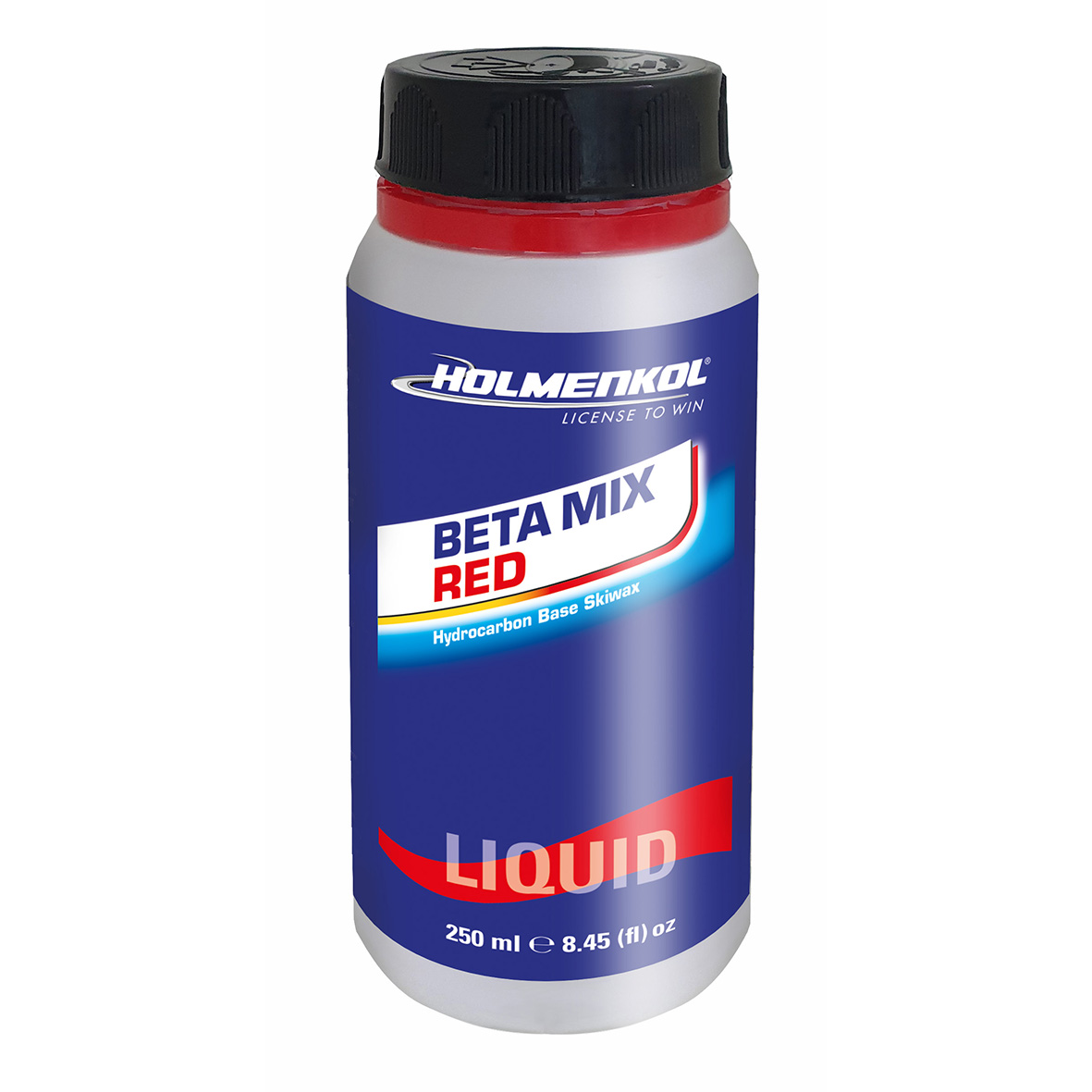 Blaue Flasche Holmenkol Betamix RED Liquid Skiwachs mit rotem Deckel und Aufdruck "LIQUID".