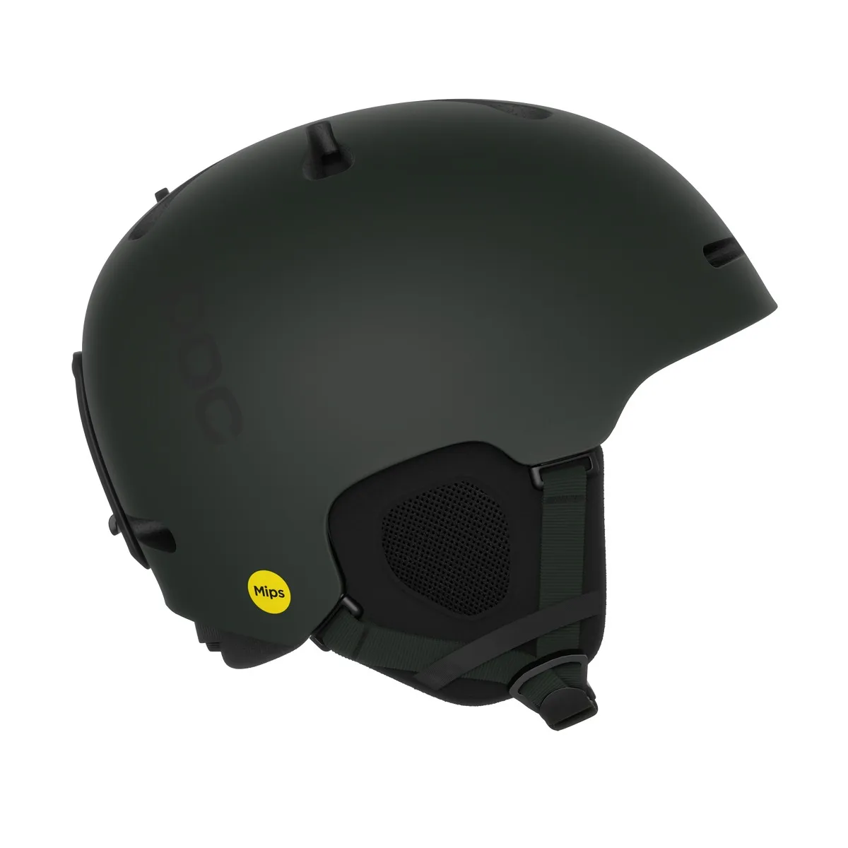 Casco da sci Fornix Mips POW JJ verde scuro di POC, vista laterale. Aperture di ventilazione e logo Mips visibili.