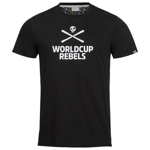 Maglietta Head Race Uomo T-shirt Head Race nera da uomo con logo World Cup Rebels bianco. Stampa con teschio e sci incrociati.