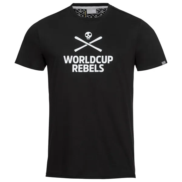 Schwarzes Head Race T-Shirt für Herren mit weißem World Cup Rebels Logo. Aufdruck mit Totenkopf und gekreuzten Skiern.