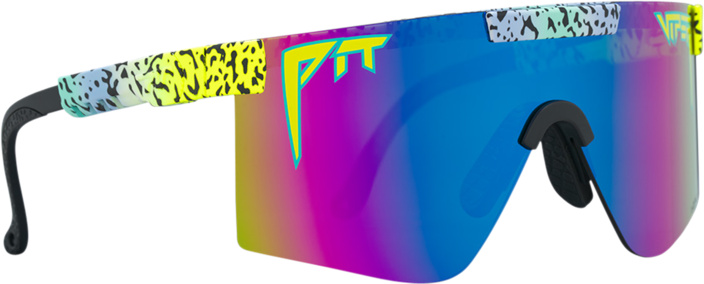 Sonnenbrille, Pit Viper The Rec Beach, polarisiert, blau-lila Gläser, gemustertes Gestell, gelbes Logo.