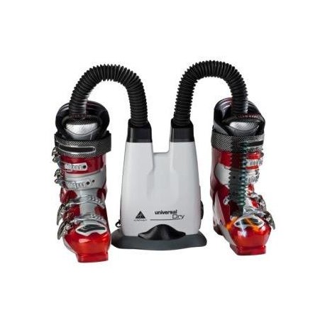 Alpenheat UniversalDry boot dryer with two ski boots. The device is white with black tubes.
