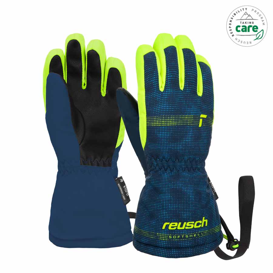 Blaue Maxi R-Tex XT Baby-Handschuhe mit neon-gelben Fingerspitzen und Handfläche, Stopper System und modernem Design.