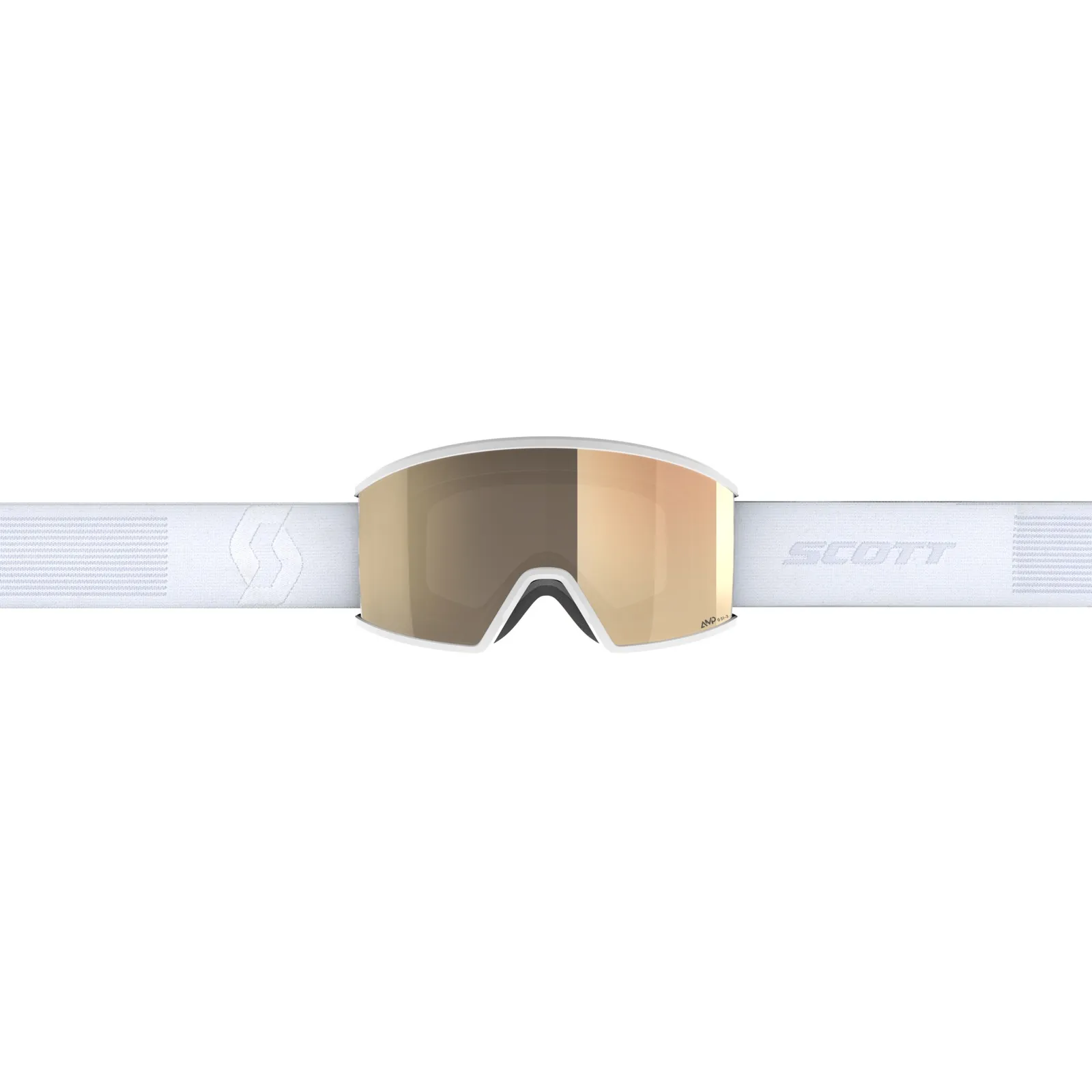 Occhiali da sci Scott Ambit LS bianchi con lenti dorate e cinturino bianco su sfondo bianco.