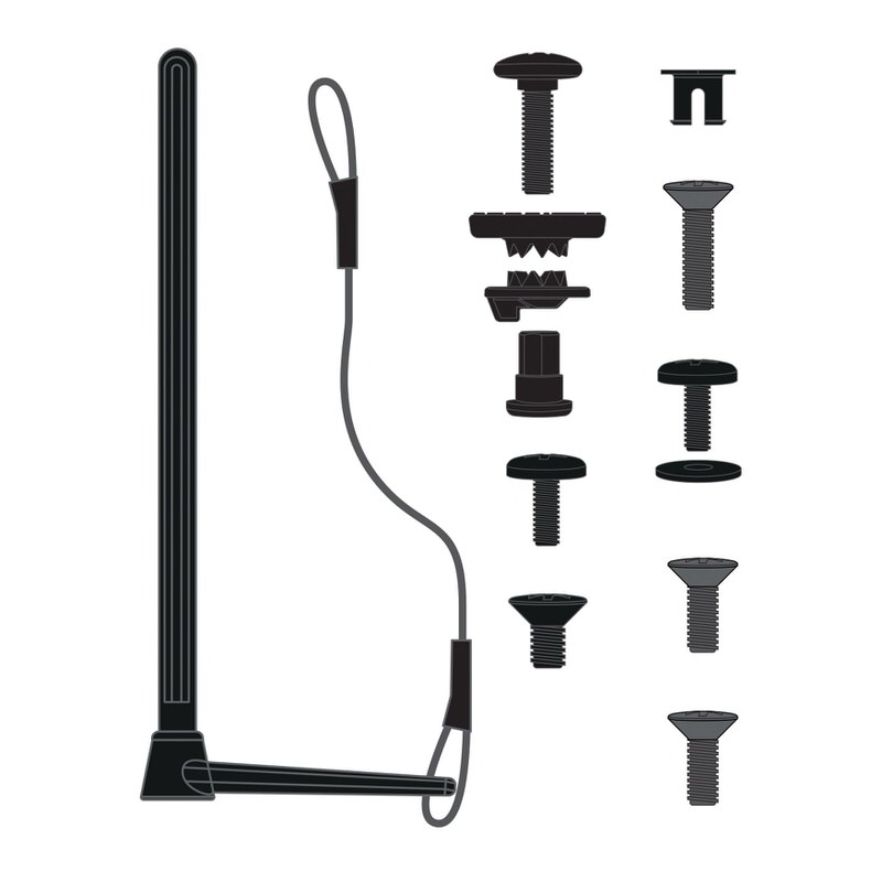 Schwarze grafische Darstellung von Union Expedition Ersatzteilen: Werkzeug, Schrauben und Kleinteile für Splitboard Bindungen.