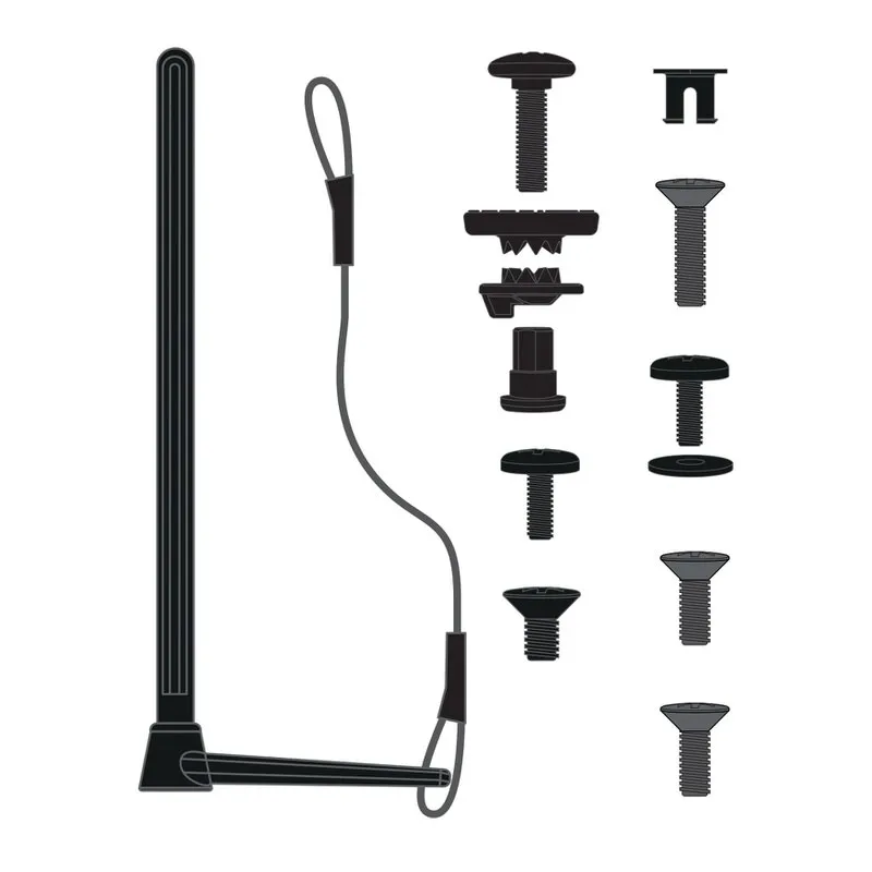Black graphic representation of Union Expedition spare parts: Tools, screws and small parts for splitboard bindings.