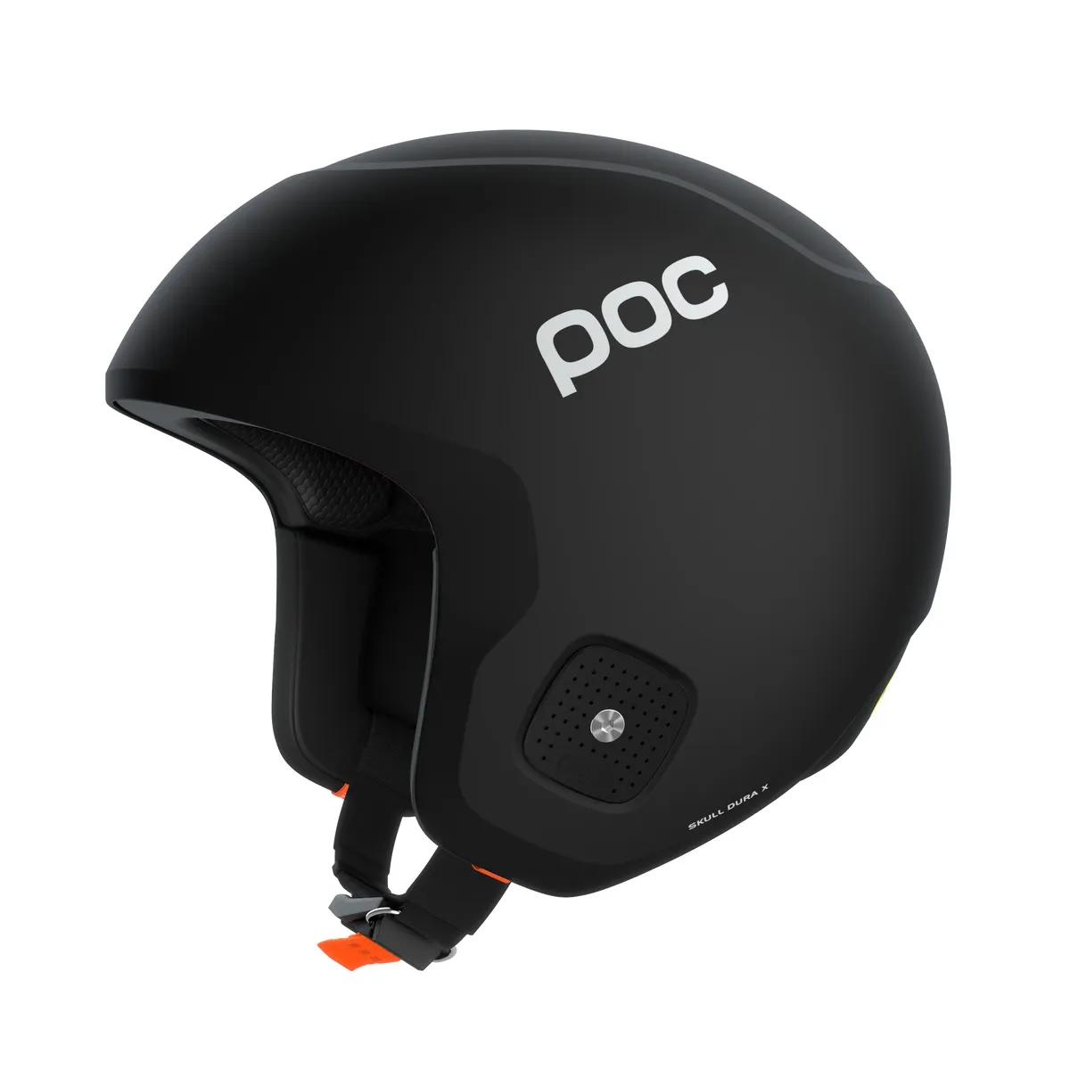 Black Poc Skull Dura X Mips ski helmet from the side, with white logo and orange accents on the chin strap.