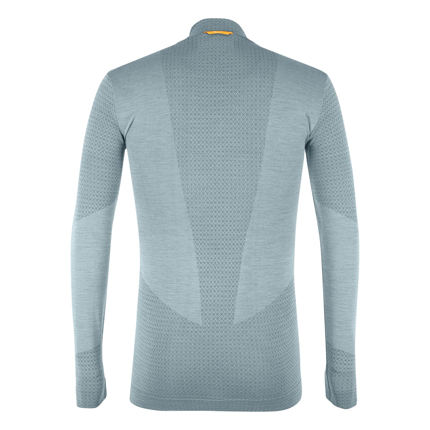 Hellblaues Salewa Zebru Med Warm AMR Men 1/2 Tee, von hinten gezeigt, mit langem Arm und Reissverschluss.