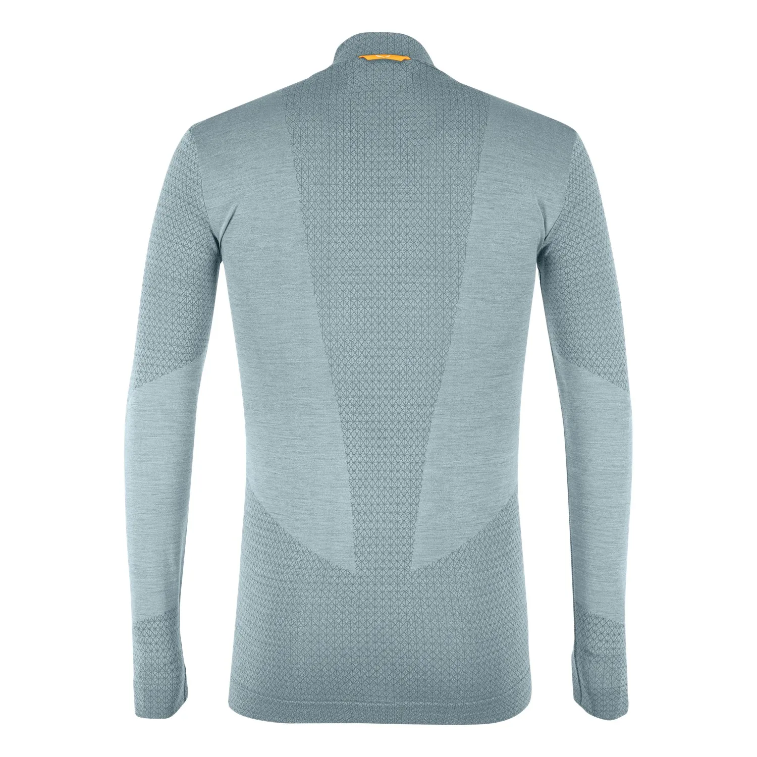 Hellblaues Salewa Zebru Med Warm AMR Men 1/2 Tee, von hinten gezeigt, mit langem Arm und Reissverschluss.