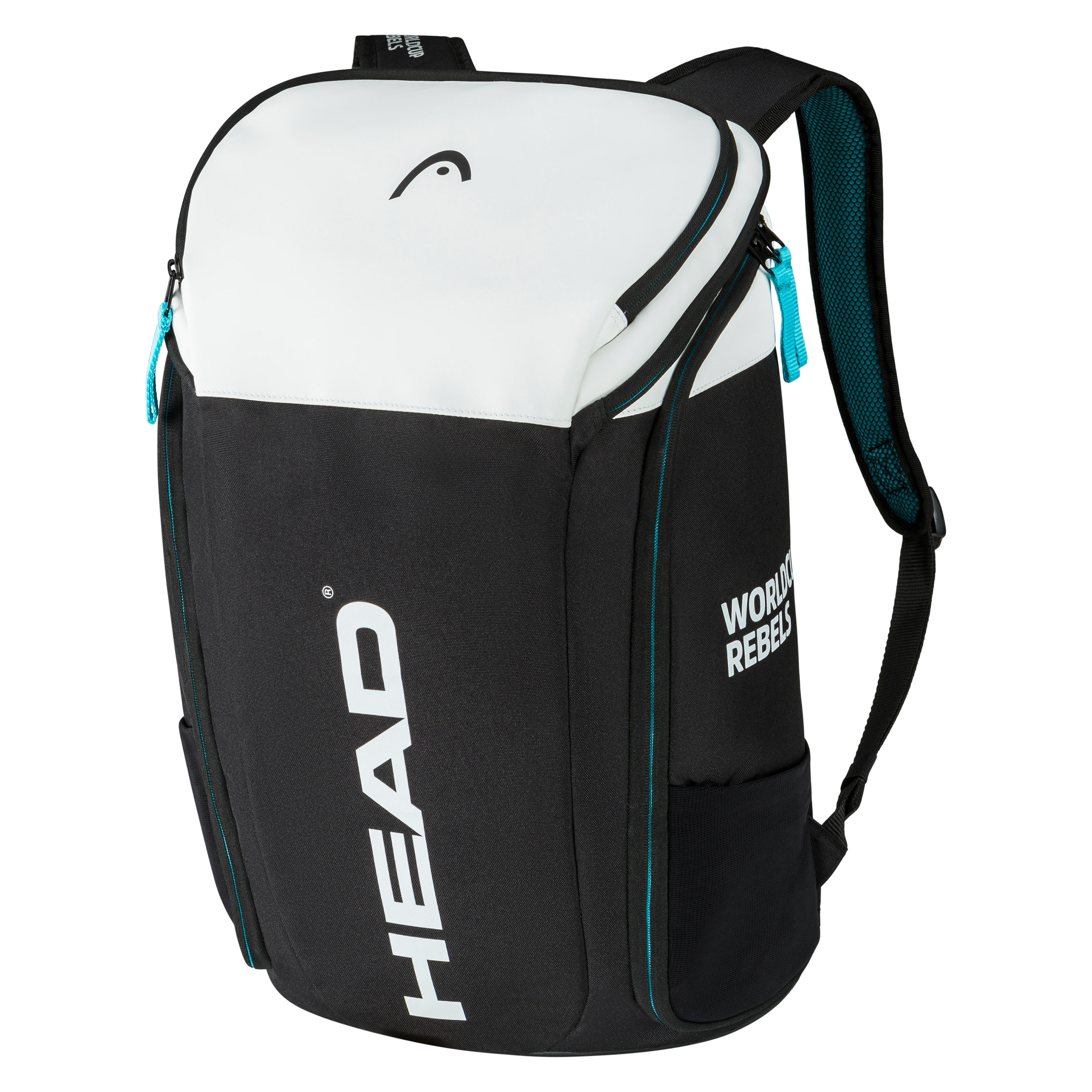Schwarzer Head Rebels Backpack mit weißem Oberteil und türkisfarbenen Akzenten, seitlich angebrachte Außentaschen.