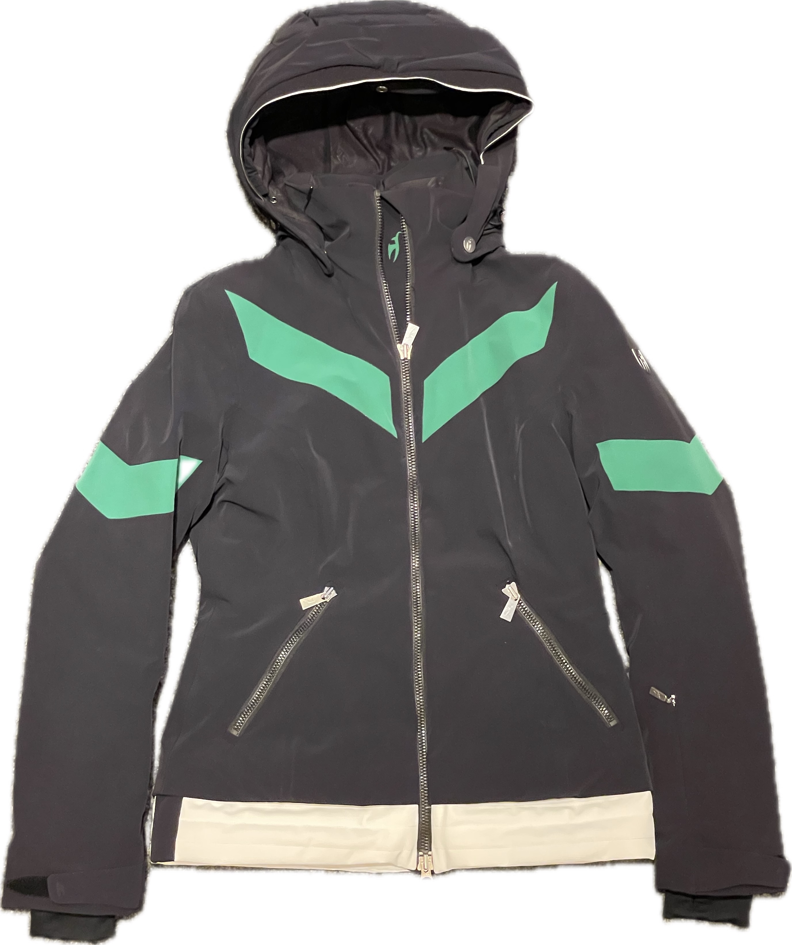 Schwarze Toni Sailer Skijacke Schwarze Toni Sailer Erin Skijacke mit Kapuze und grünen Akzenten, Reißverschluss mittig, Brusttaschen.