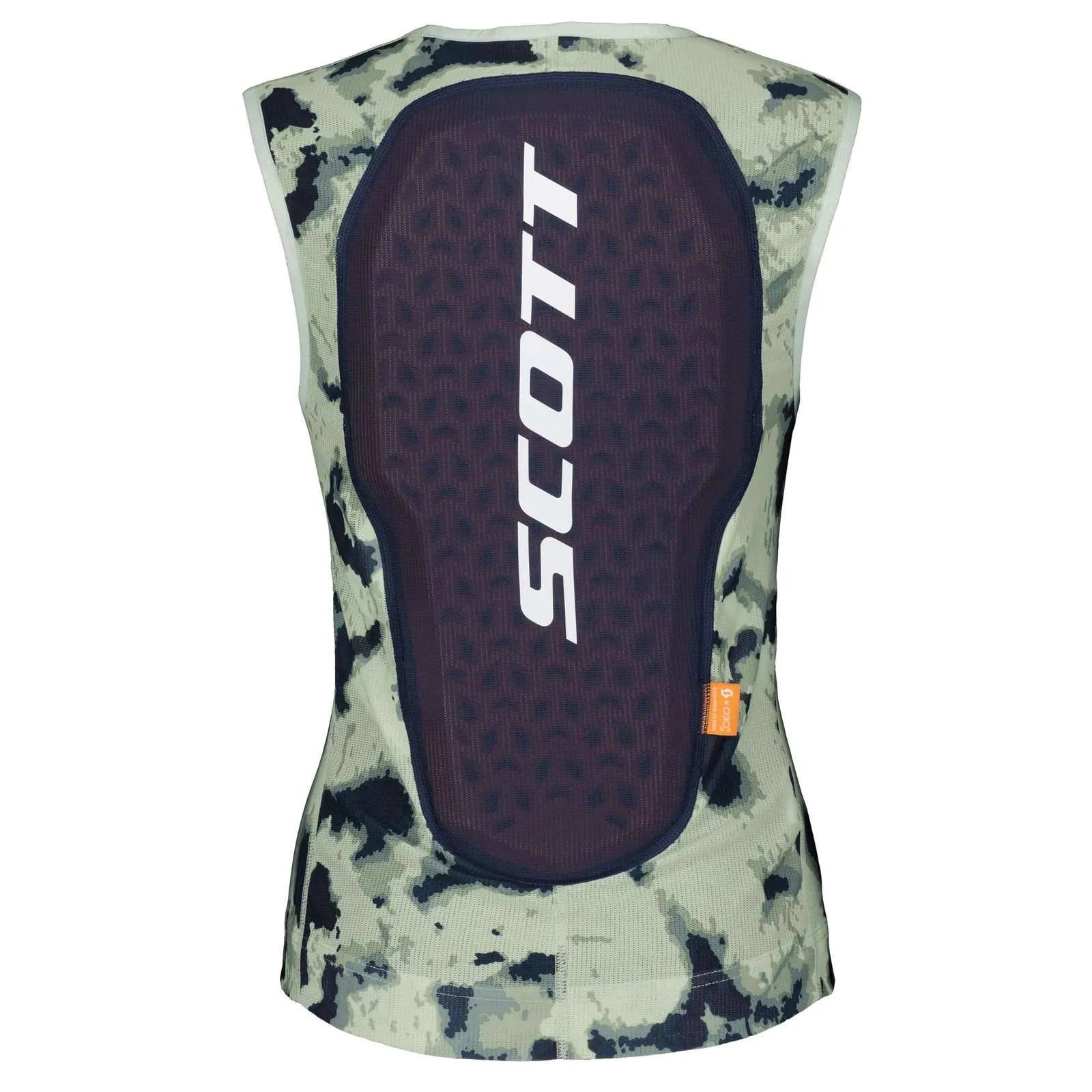 Rear view of the green Scott Airflow women's vest with back protector and camouflage pattern.