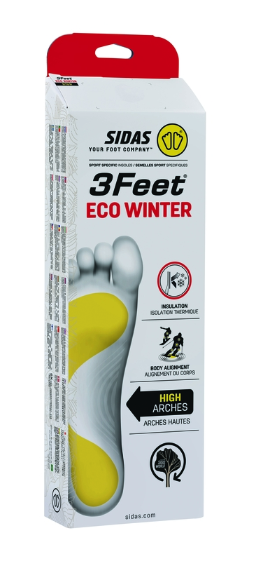 Sidas 3Feet Eco insole Packaging of the Sidas 3Feet Eco Winter High insole, with footprint and markings for high arches.