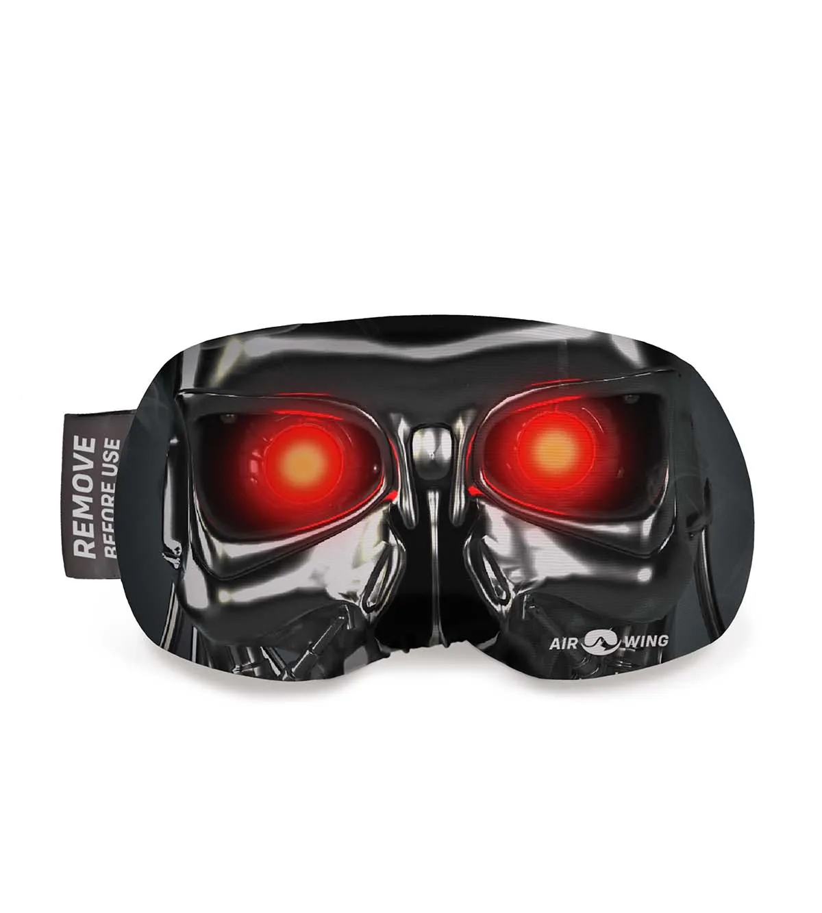 Airwing-Robot ski goggle cover in the shape of a robot skull with red eyes.