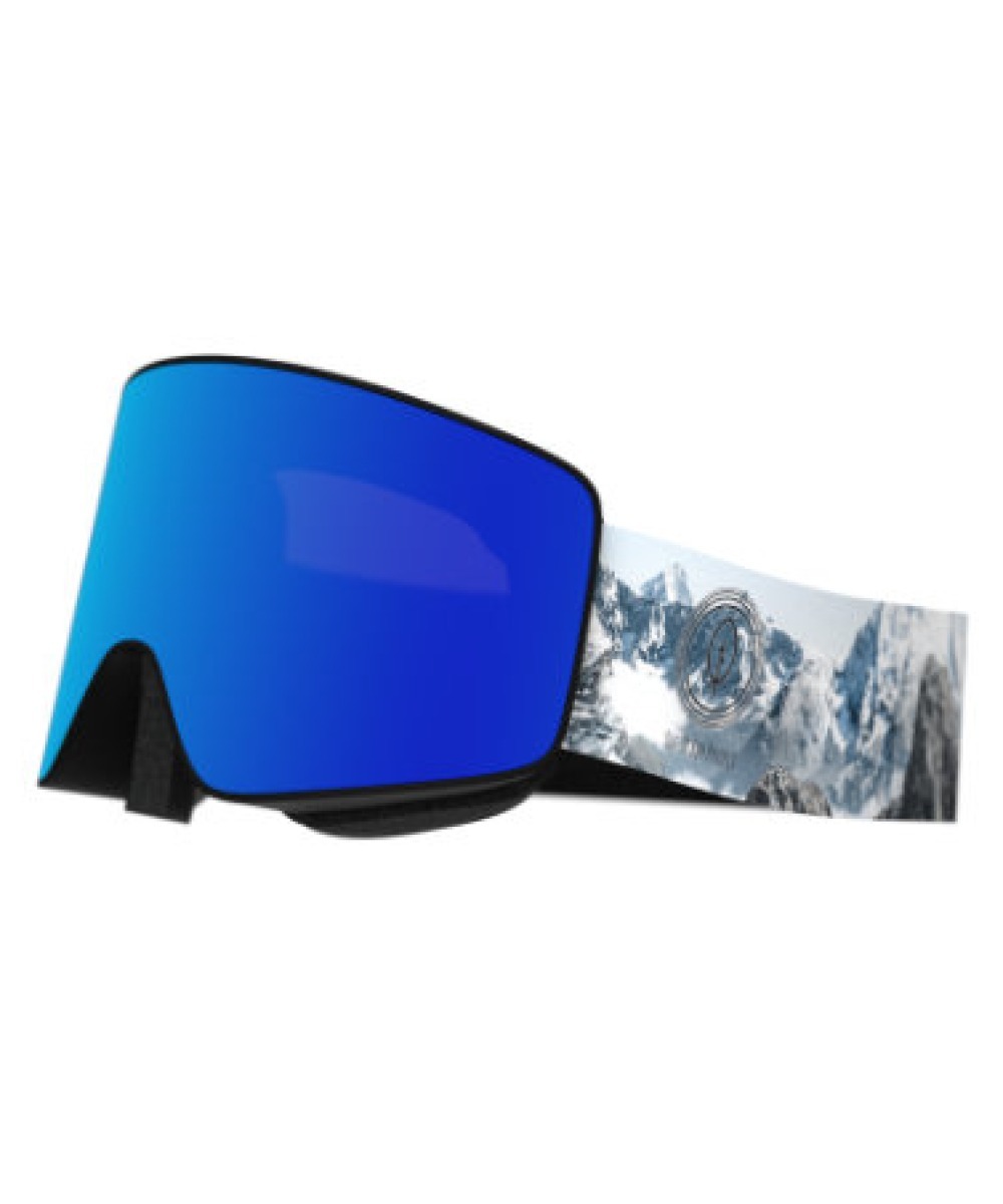 Occhiali da sci Out Of Electra Bio Project Snow con lenti blu e motivo di montagna sul cinturino.
