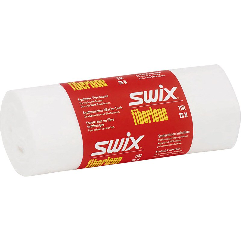 Eine Rolle SWIX Fiberlene-Reinigungspapier mit roter Banderole und verschiedenen Sprachen.