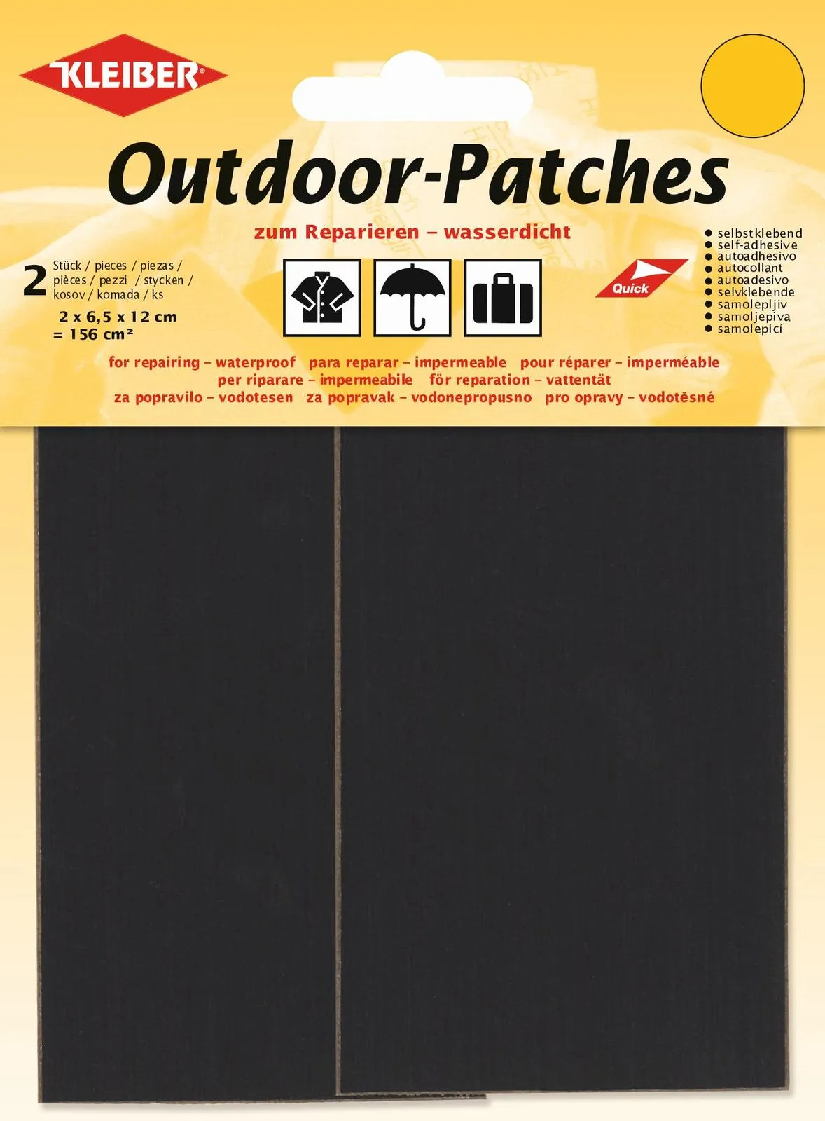 Packaging of self-adhesive, waterproof, black outdoor patches for repairing outdoor clothing and camping articles.
