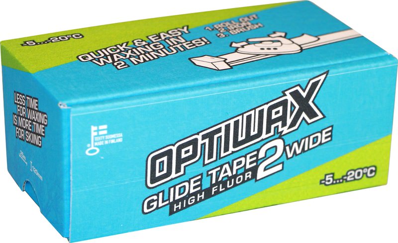 Verpackung von Optiwax Glide Tape 2 Wide. Blau-grüne Schachtel mit Produktinformationen und Herstellerangaben.