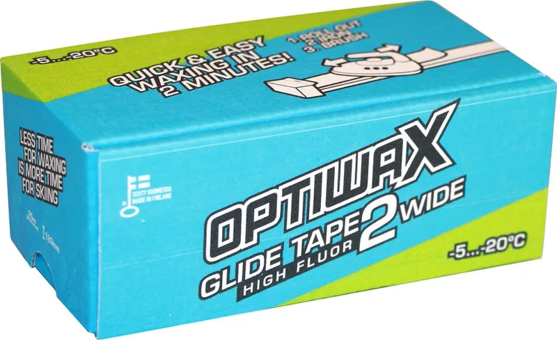 Verpackung von Optiwax Glide Tape 2 Wide. Blau-grüne Schachtel mit Produktinformationen und Herstellerangaben.