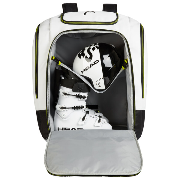 Weisser Head Rebels Racing Backpack, offen mit Skischuh und Helm im Inneren.