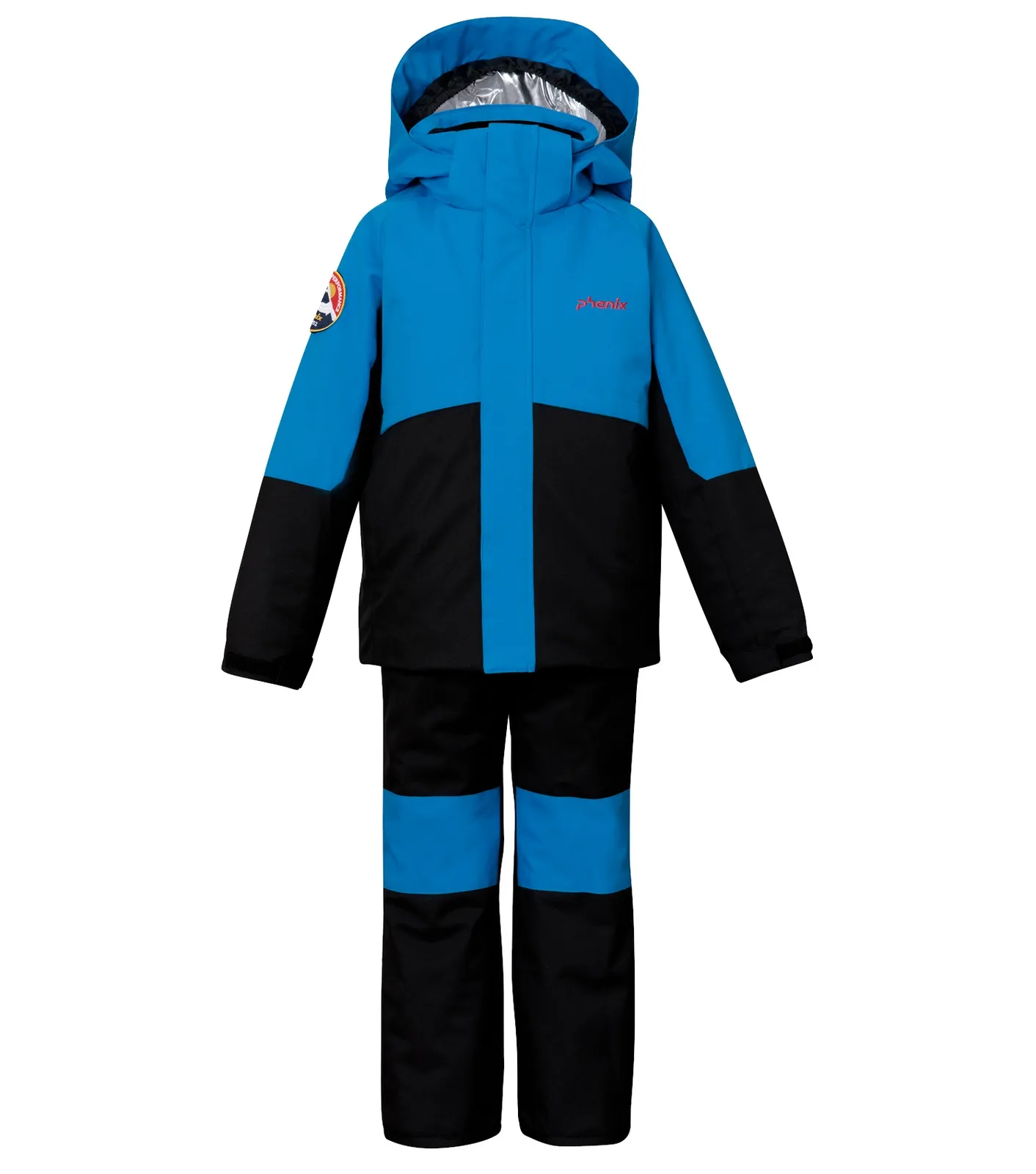 Zweiteiliger, blauer SUKUSUKU Skianzug für Kinder, Jacke und Hose, mit Kapuze und schwarzen Details.