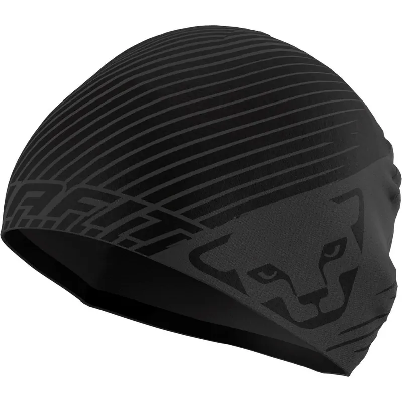 Black Dynafit performance beanie with brand logo and subtle, dark stripe pattern.