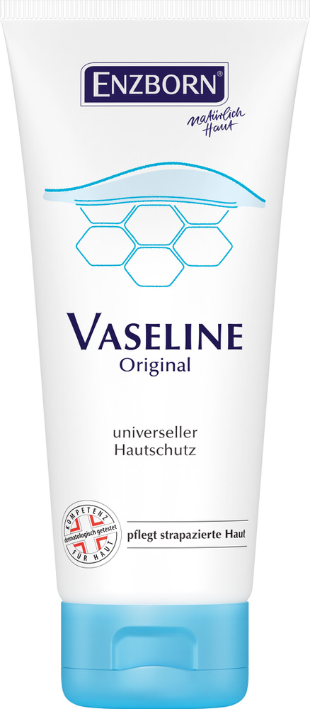 Weiße Tube ENZBORN Vaseline 100ml mit blauem Deckel. Aufdruck: Logo, Inhaltsangabe, Hautschutz.