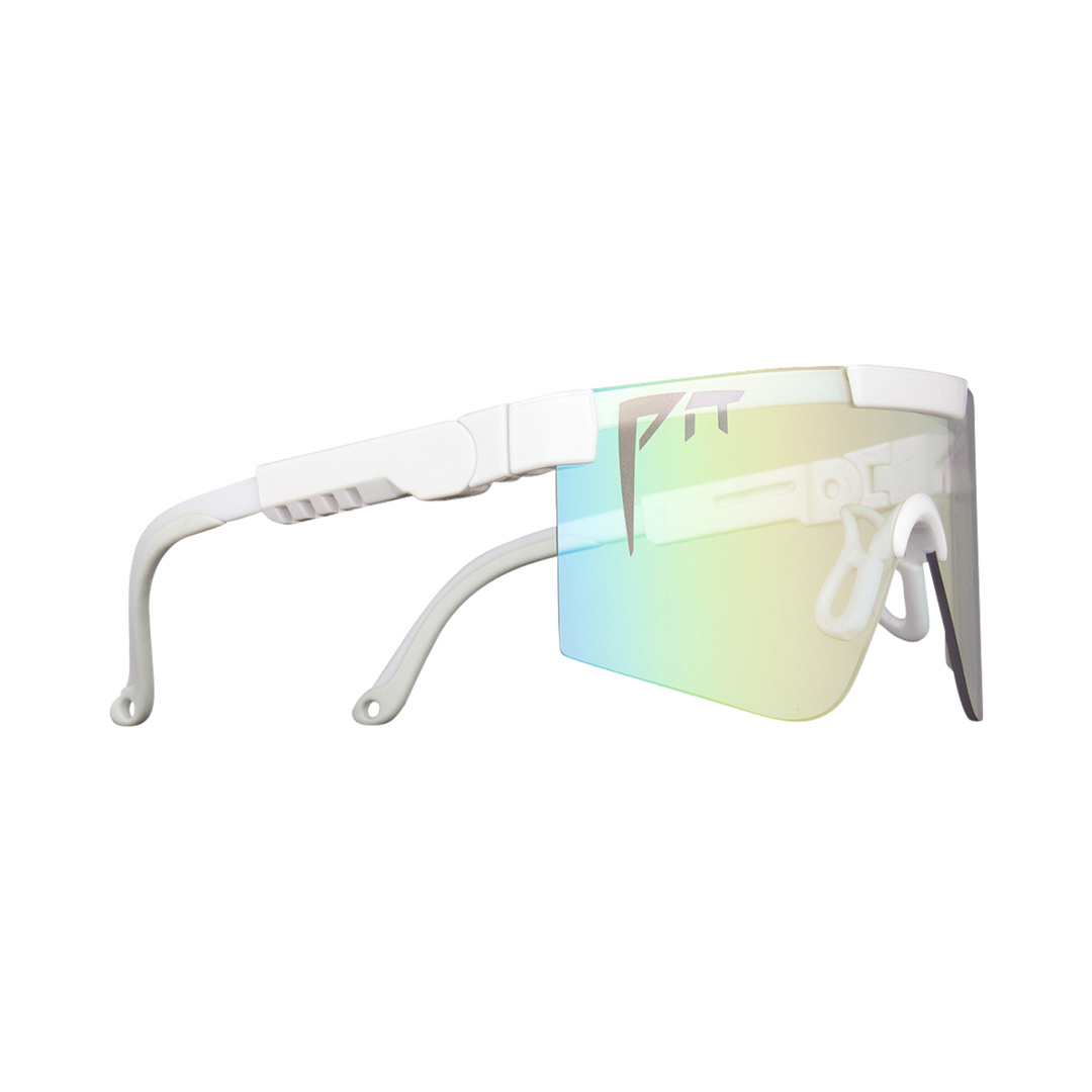 Lunettes Photochromic 2000 blanches avec verres arc-en-ciel vus de côté.