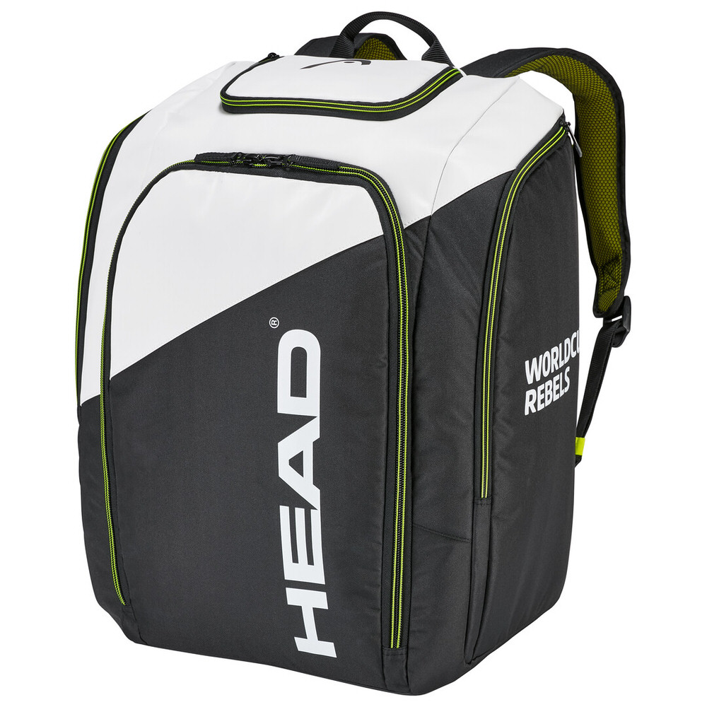 Black/white Head Rebels Racing Backpack S with carrying handles and neon-colored details.