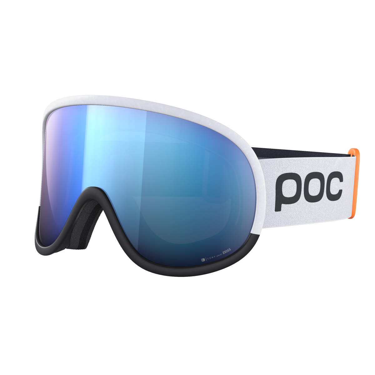 POC Retina Race WF Skibrille Skibrille POC Retina Race WF, weisser Rahmen, blaue Clarity Comp Linse, schwarze Polsterung und elastisches, weisses Band mit POC Logo.