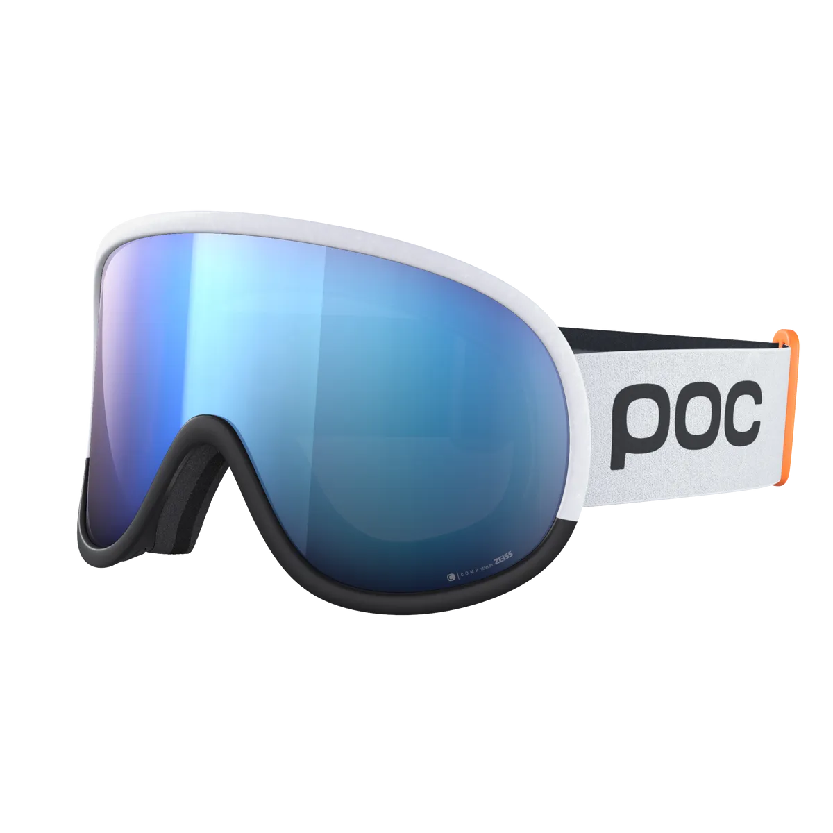 POC Retina Race WF ski goggles, white frame, blue Clarity Comp lens, black padding and elastic white strap with POC logo.
