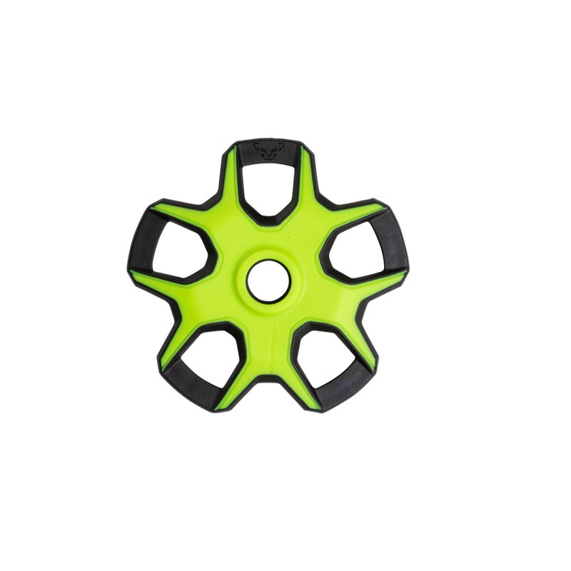 Piastra per bastoncini da scialpinismo verde Piastra/cestello Dynafit: Piastra per bastoncini da scialpinismo verde, a forma di stella, con bordo nero e foro centrale.