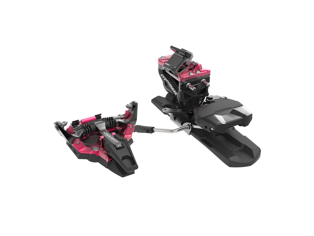 Nahaufnahme der Dynafit Radical Skitourenbindung in Schwarz und Flamingo-Pink.