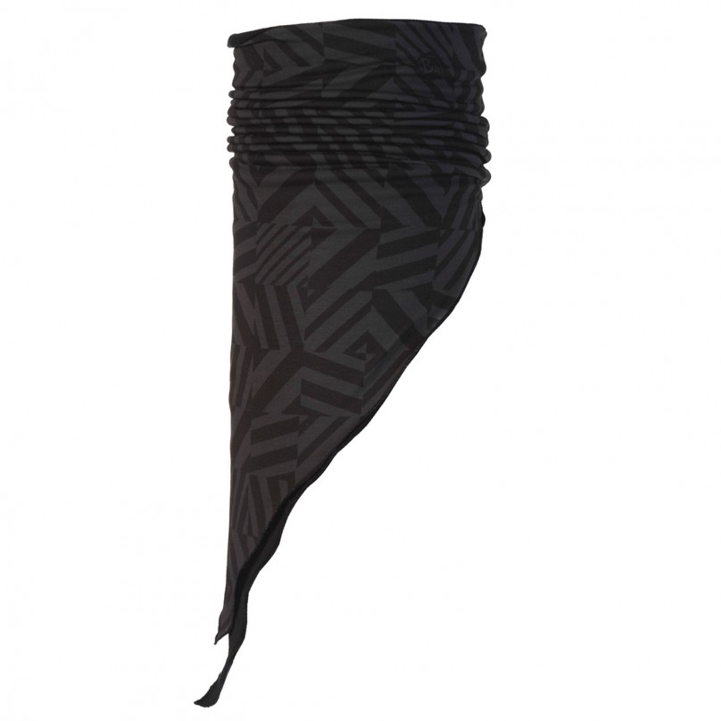 Dunkelgraues Polar Bandana mit geometrischem Muster, dreieckig geformt.